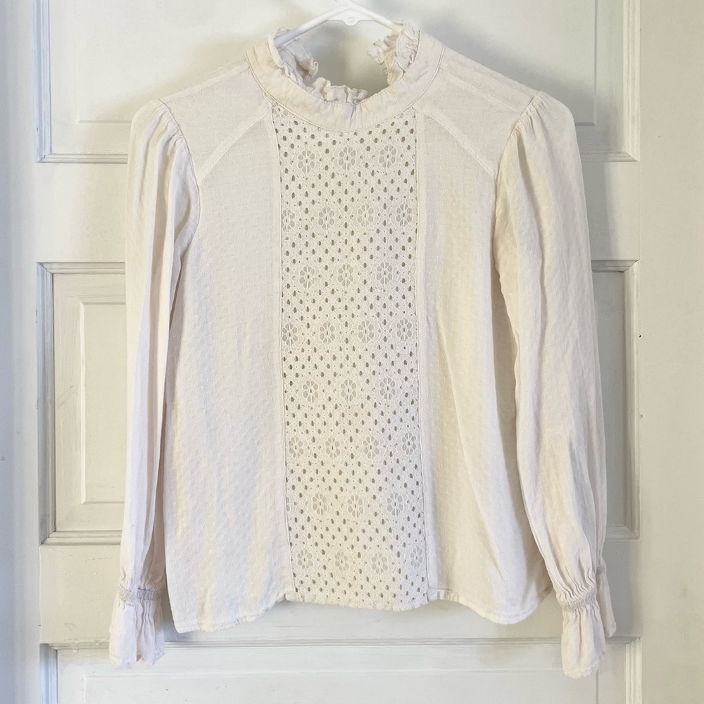 Victorian style mock neck standing ruffle collar cuff lace panel ivory white